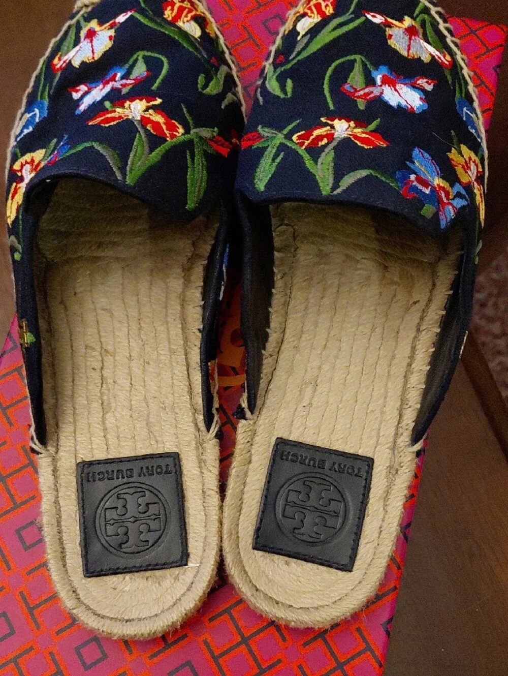 Tory Burch Navy Embroidered Floral Espadrille Mules